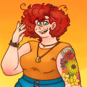 an icon of carly, she is a plus sized white woman with fluffy curly red hair and a big cheesy smile. she has a floral tattoo on her right arm, and a wedding ring on her left arm. she is also wearing multiple bracelets on her left arm.